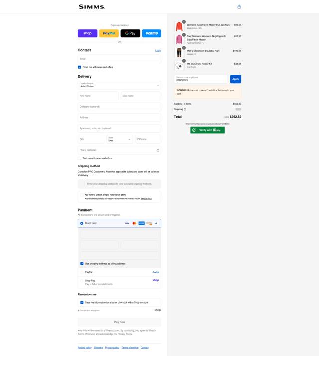 Simms checkout page showing Simms coupon code box | Screenshot taken by SimplyCodes community member on Sep 2, 2025