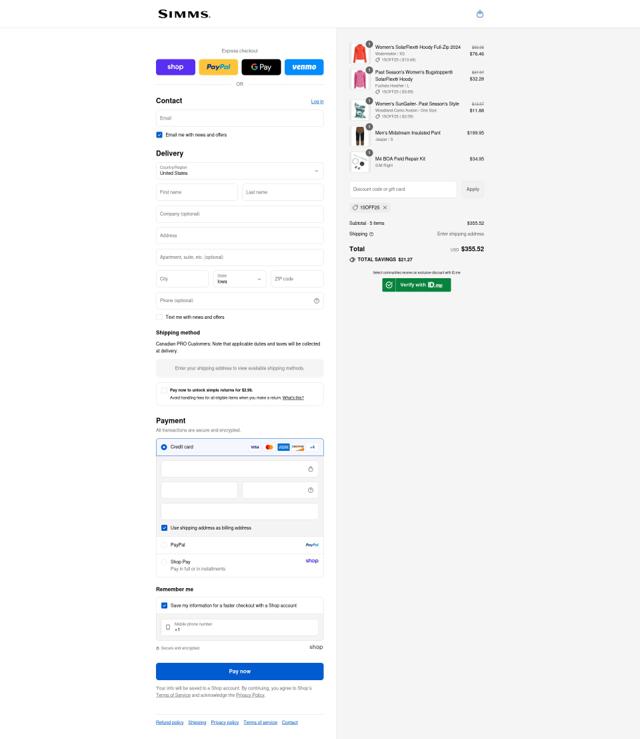 Simms checkout page showing Simms coupon code box | Screenshot taken by SimplyCodes community member on Aug 29, 2025