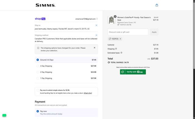 Simms checkout page showing Simms coupon code box | Screenshot taken by SimplyCodes community member on Aug 26, 2025