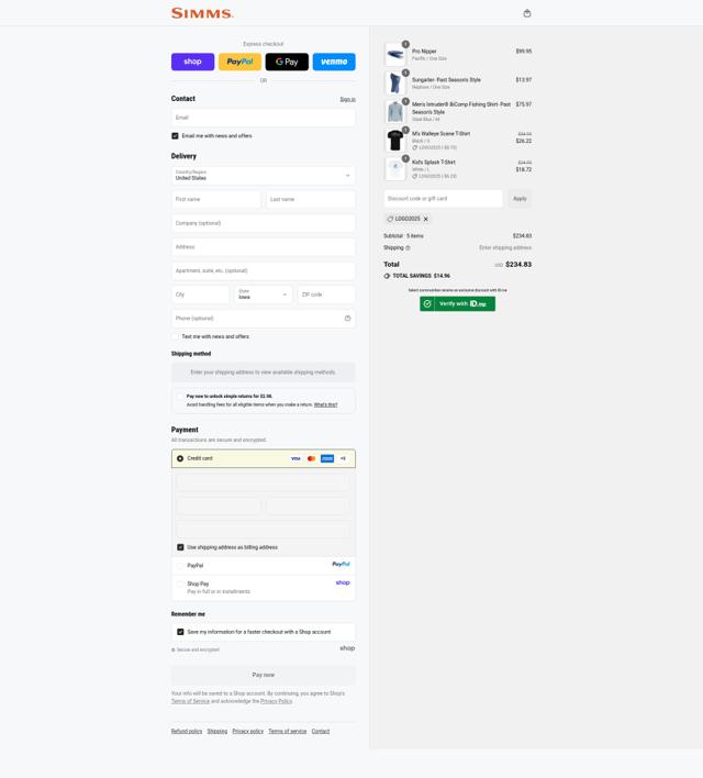 Simms checkout page showing Simms coupon code box | Screenshot taken by SimplyCodes community member on Sep 15, 2025