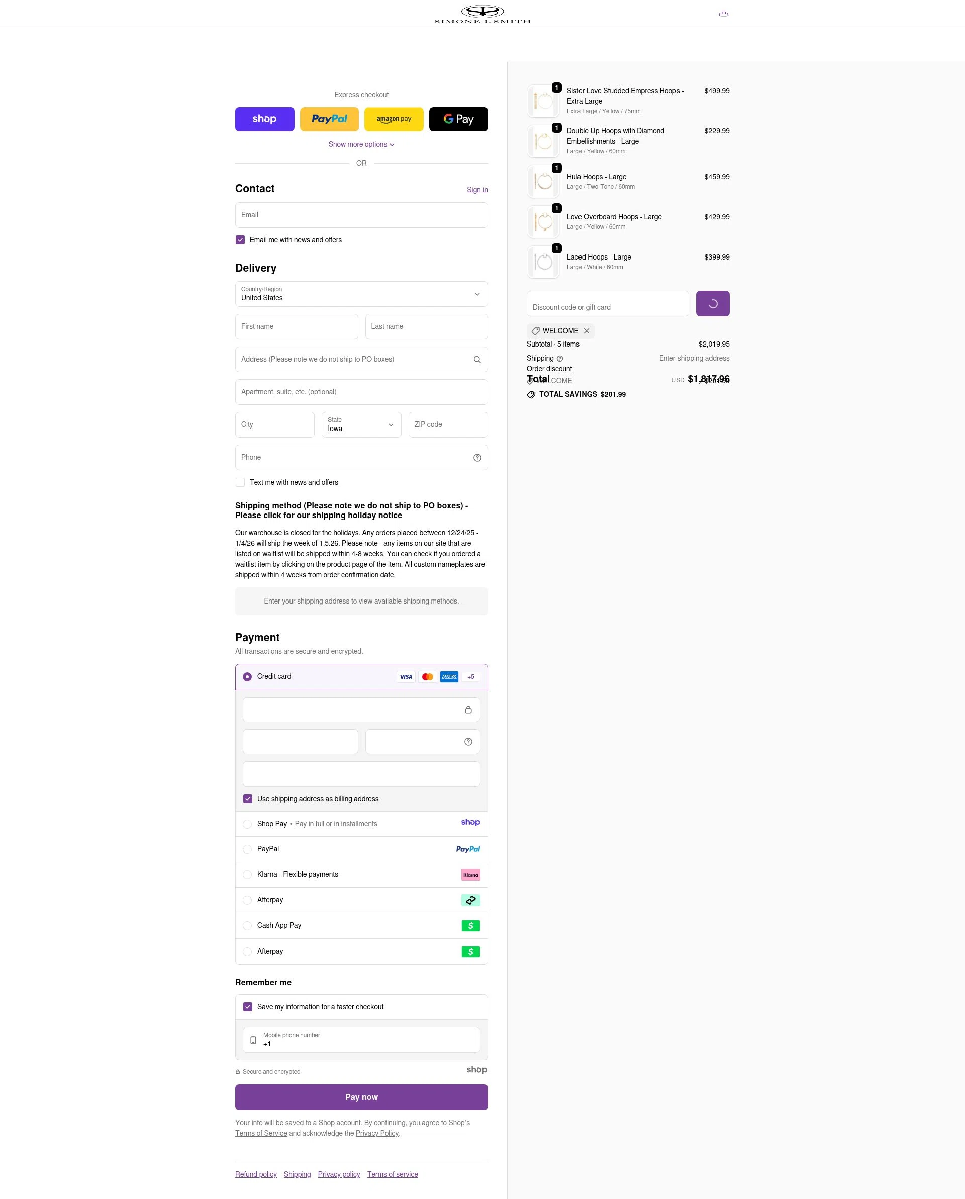 Simone I. Smith checkout page showing Simone I. Smith discount code box | Screenshot taken by SimplyCodes community member on Dec 24, 2025