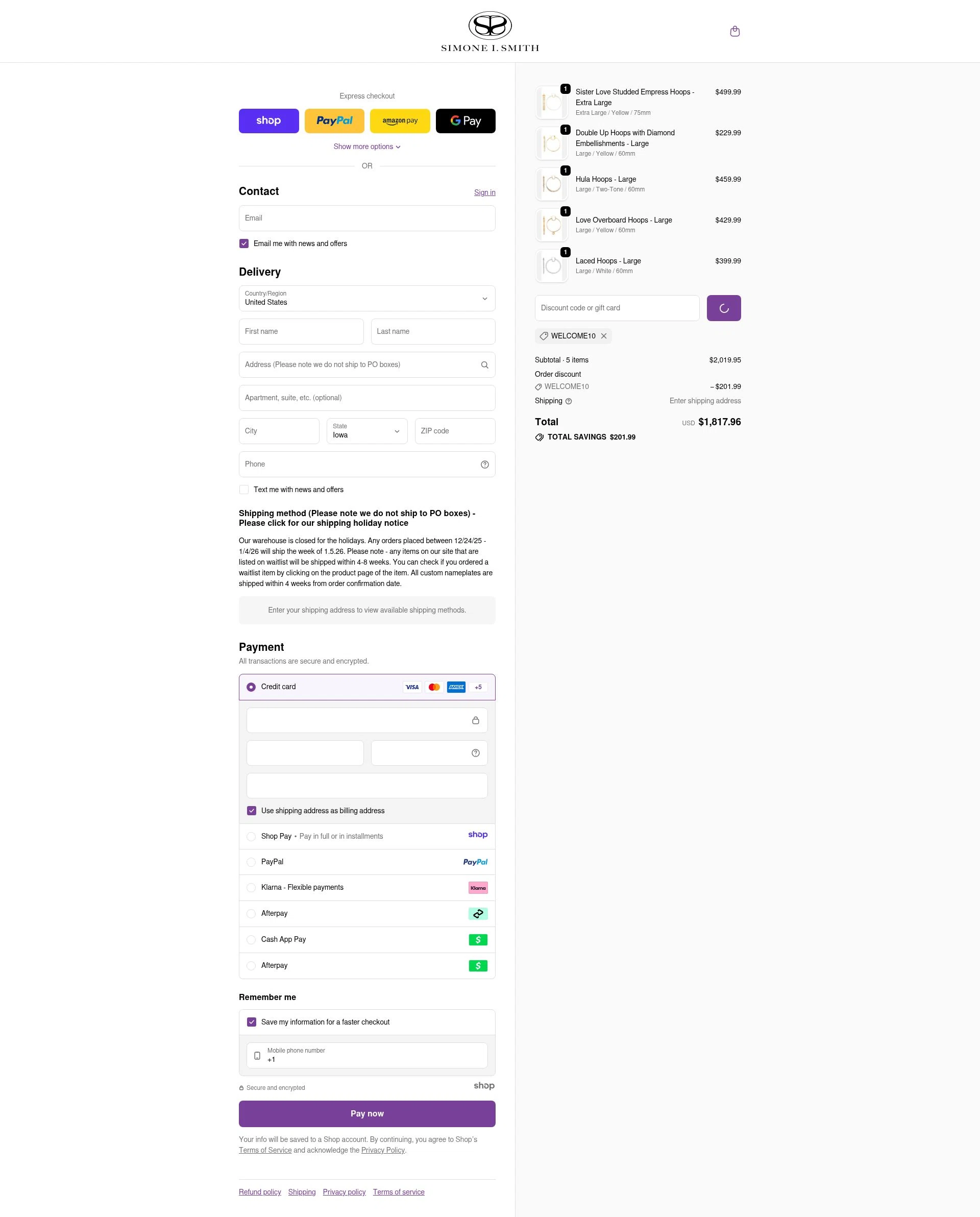 Simone I. Smith checkout page showing Simone I. Smith discount code box | Screenshot taken by SimplyCodes community member on Dec 29, 2025