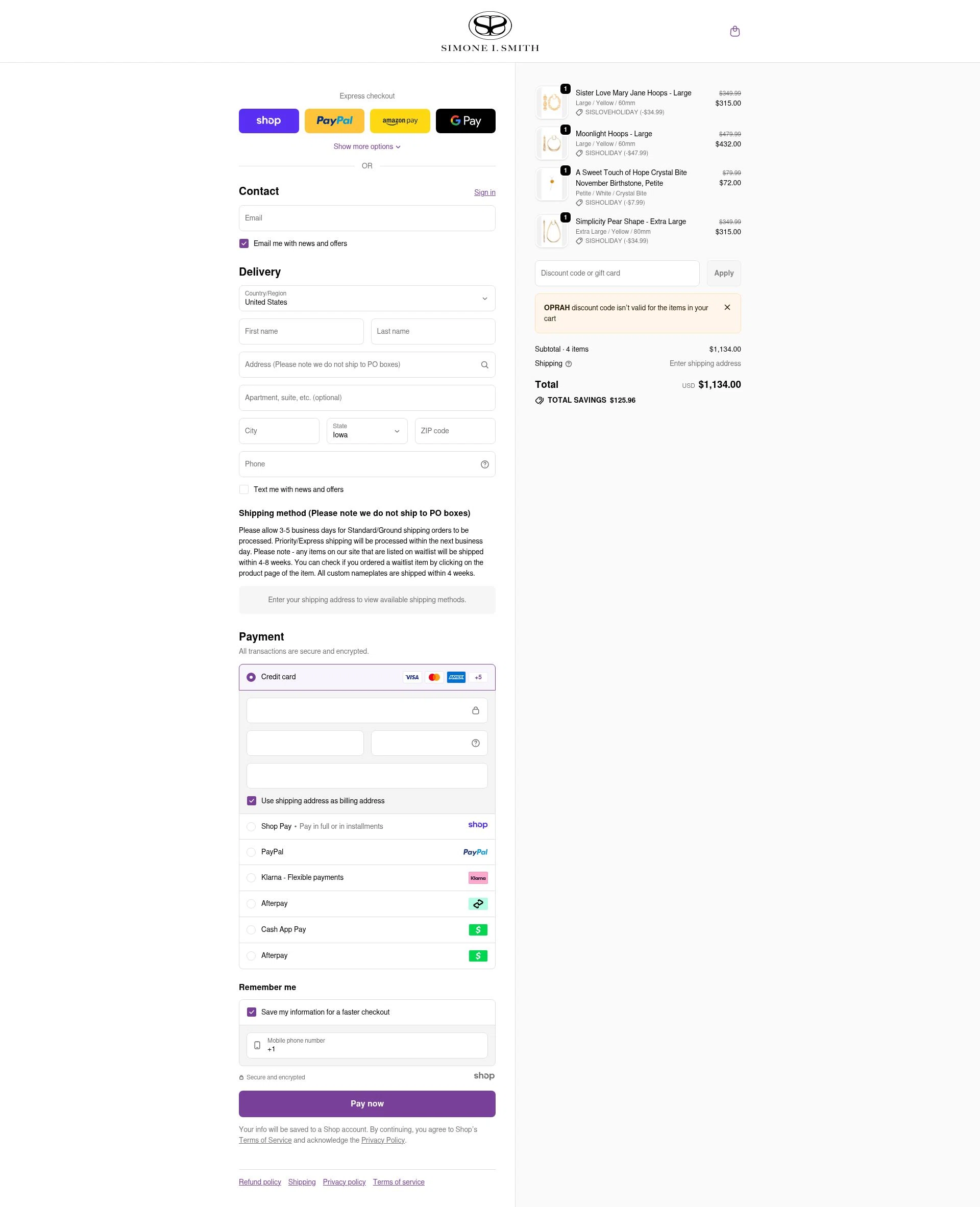 Simone I. Smith checkout page showing Simone I. Smith discount code box | Screenshot taken by SimplyCodes community member on Dec 18, 2025