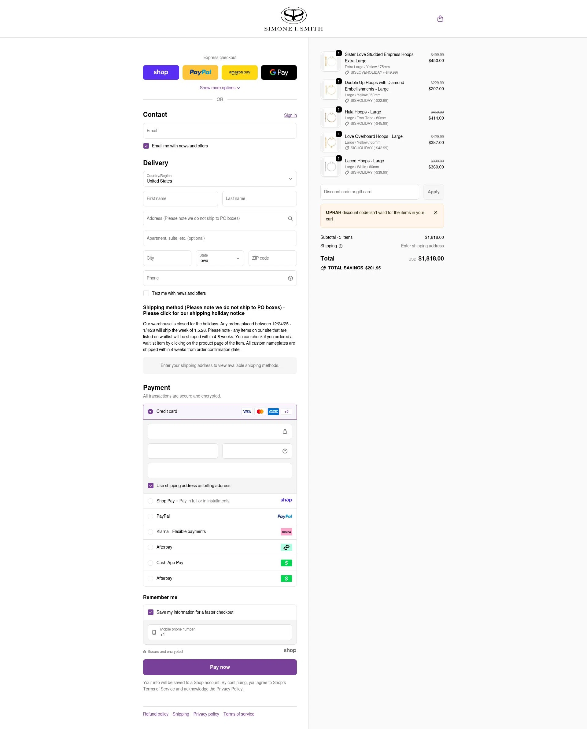 Simone I. Smith checkout page showing Simone I. Smith discount code box | Screenshot taken by SimplyCodes community member on Dec 24, 2025