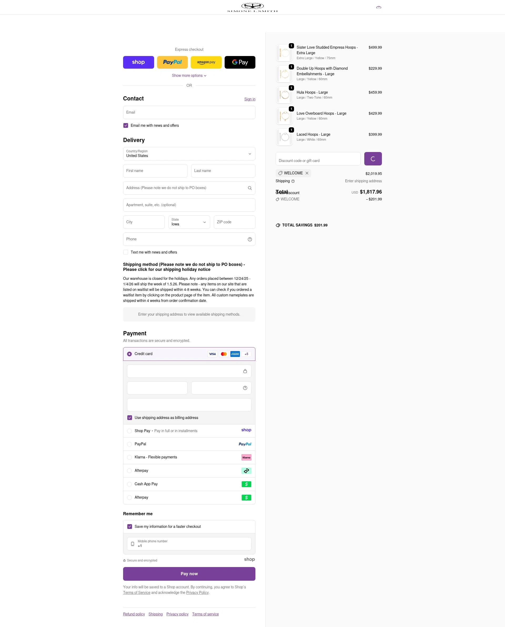 Simone I. Smith checkout page showing Simone I. Smith discount code box | Screenshot taken by SimplyCodes community member on Dec 29, 2025