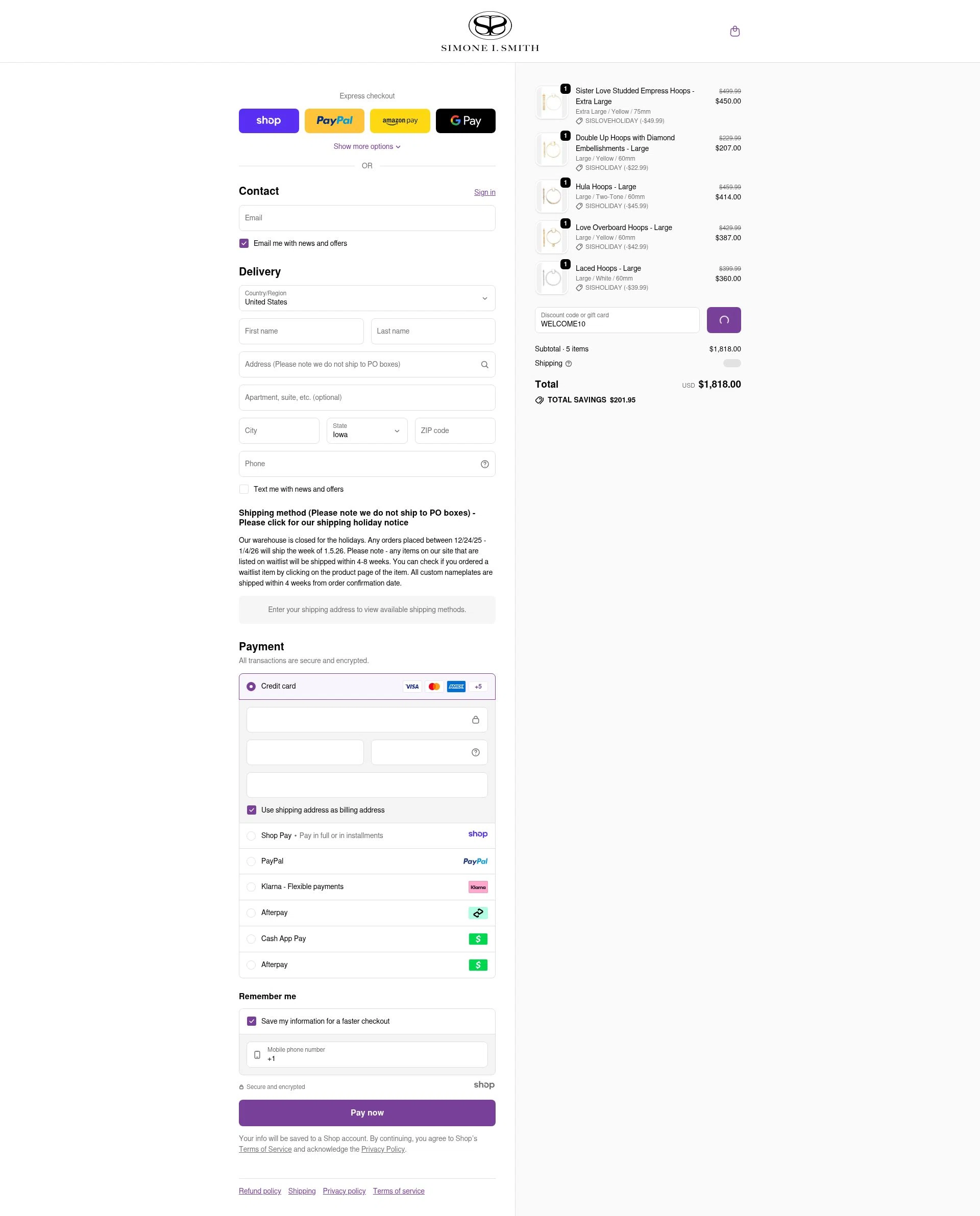 Simone I. Smith checkout page showing Simone I. Smith discount code box | Screenshot taken by SimplyCodes community member on Dec 24, 2025