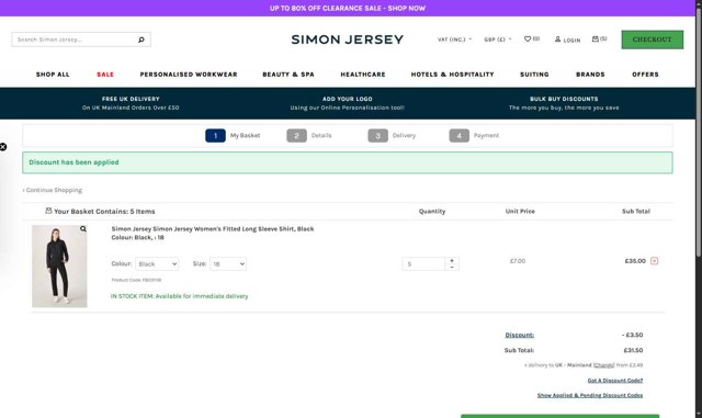 Simon Jersey checkout page showing Simon Jersey discount code box | Screenshot taken by SimplyCodes community member on Aug 21, 2025
