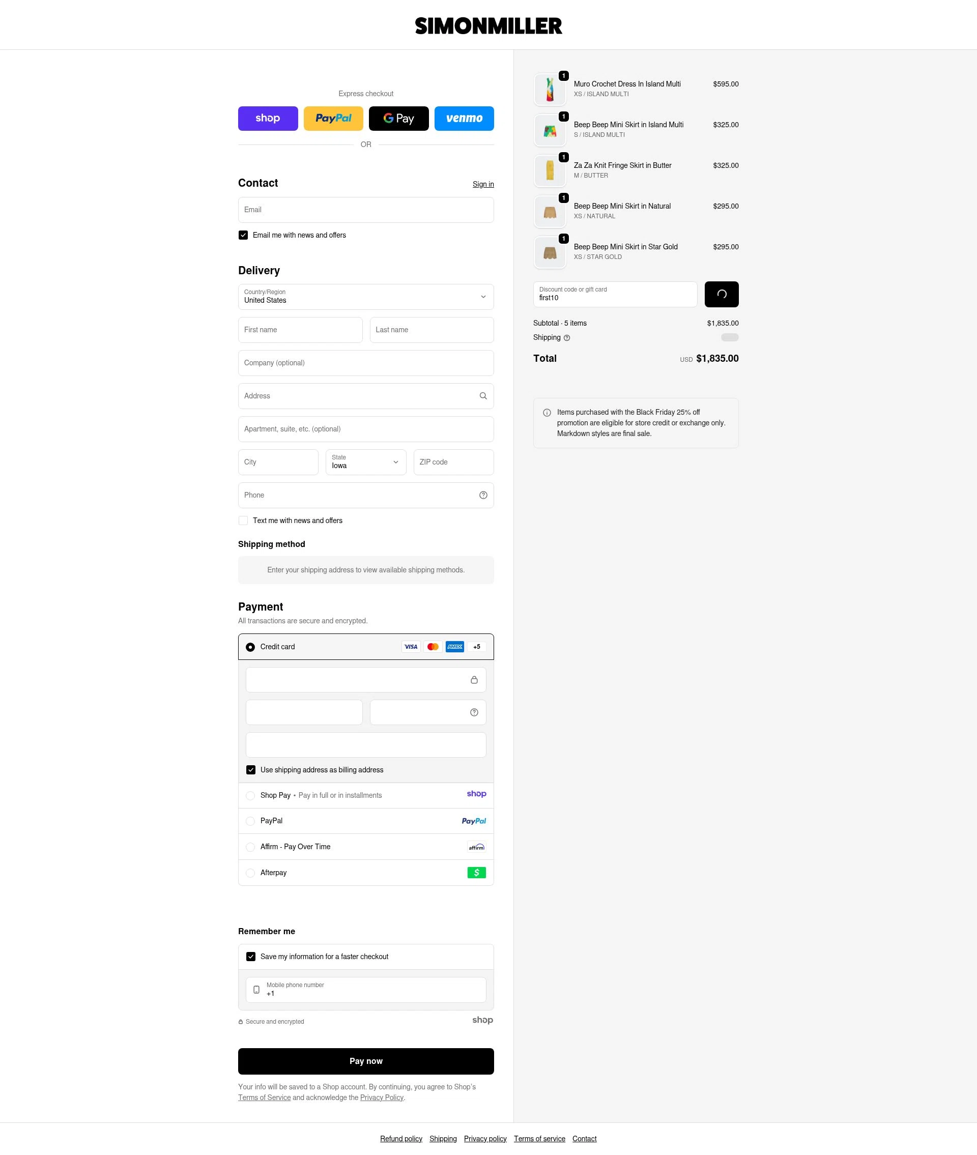 Simon Miller checkout page showing Simon Miller discount code box | Screenshot taken by SimplyCodes community member on Dec 24, 2025