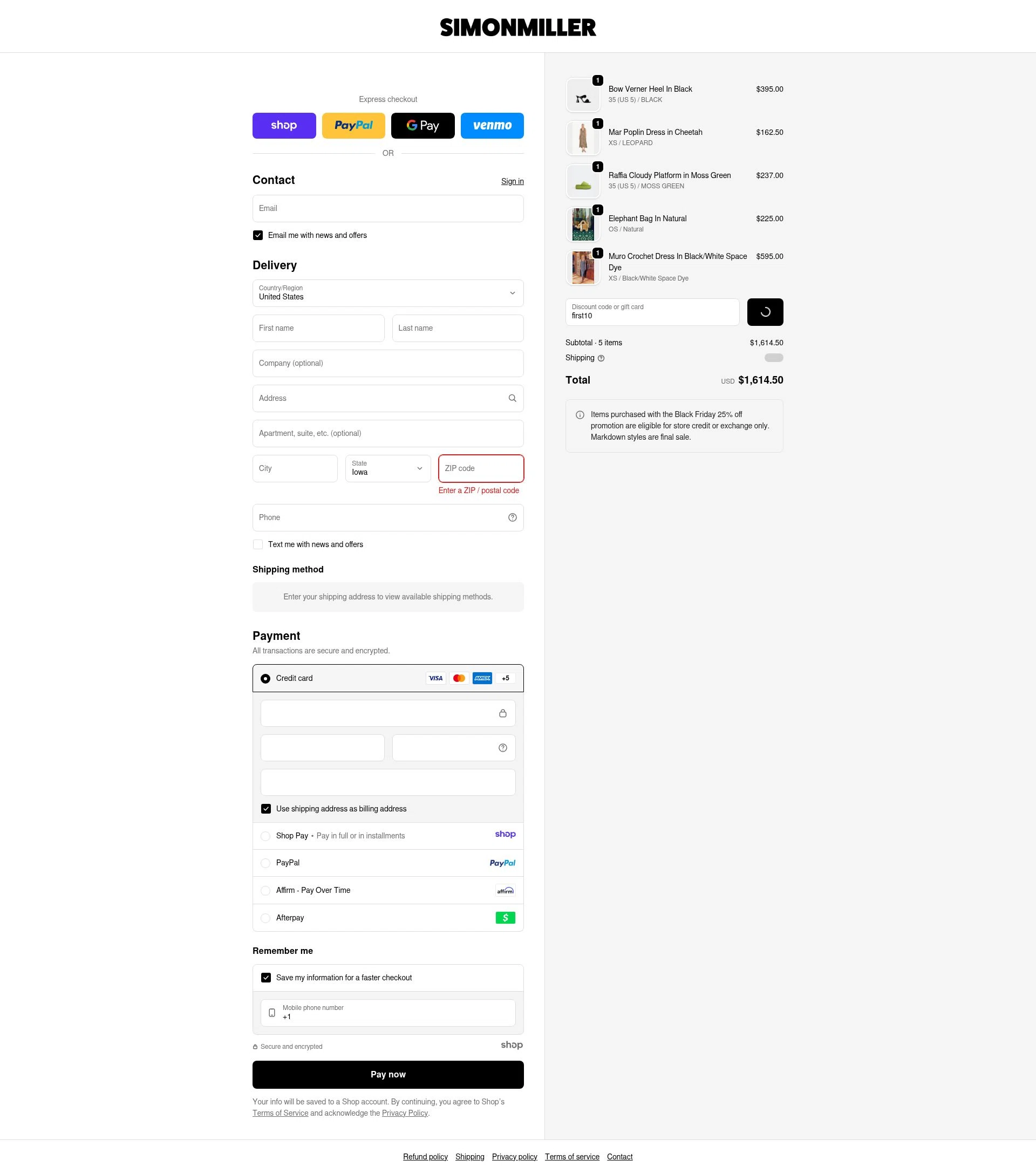 Simon Miller checkout page showing Simon Miller discount code box | Screenshot taken by SimplyCodes community member on Dec 28, 2025
