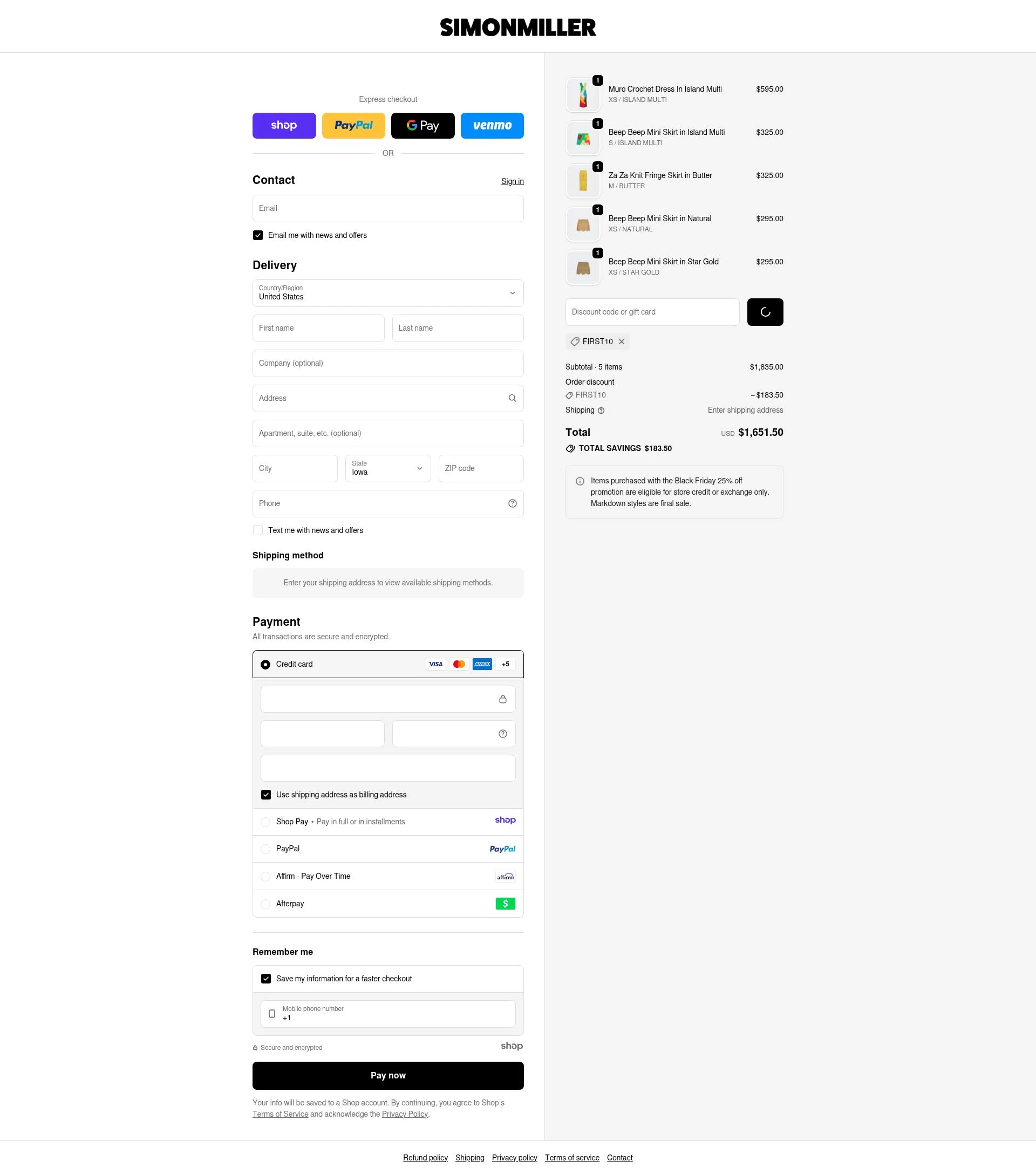 Simon Miller checkout page showing Simon Miller discount code box | Screenshot taken by SimplyCodes community member on Dec 17, 2025