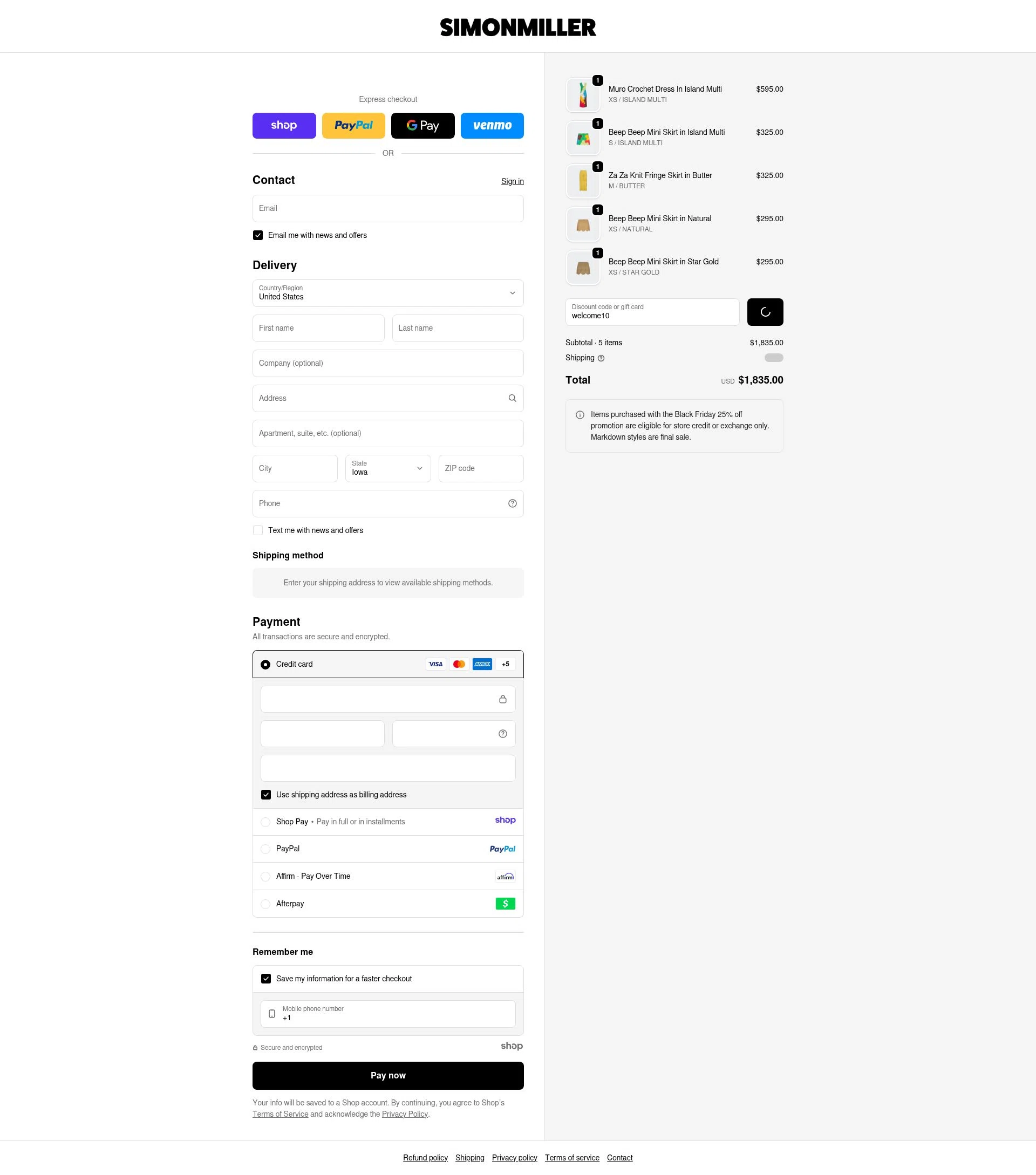 Simon Miller checkout page showing Simon Miller discount code box | Screenshot taken by SimplyCodes community member on Dec 17, 2025