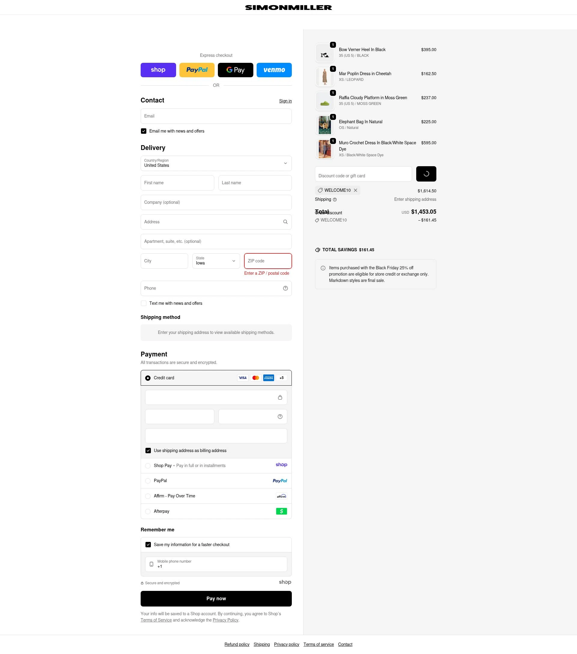 Simon Miller checkout page showing Simon Miller discount code box | Screenshot taken by SimplyCodes community member on Dec 28, 2025
