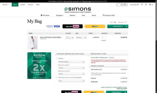 Simons checkout page showing Simons promo code box | Screenshot taken by SimplyCodes community member on May 17, 2025