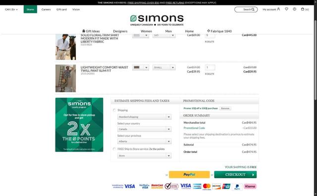 Simons checkout page showing Simons promo code box | Screenshot taken by SimplyCodes community member on May 17, 2025