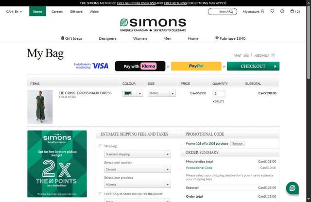 Simons checkout page showing Simons promo code box | Screenshot taken by SimplyCodes community member on Apr 22, 2025