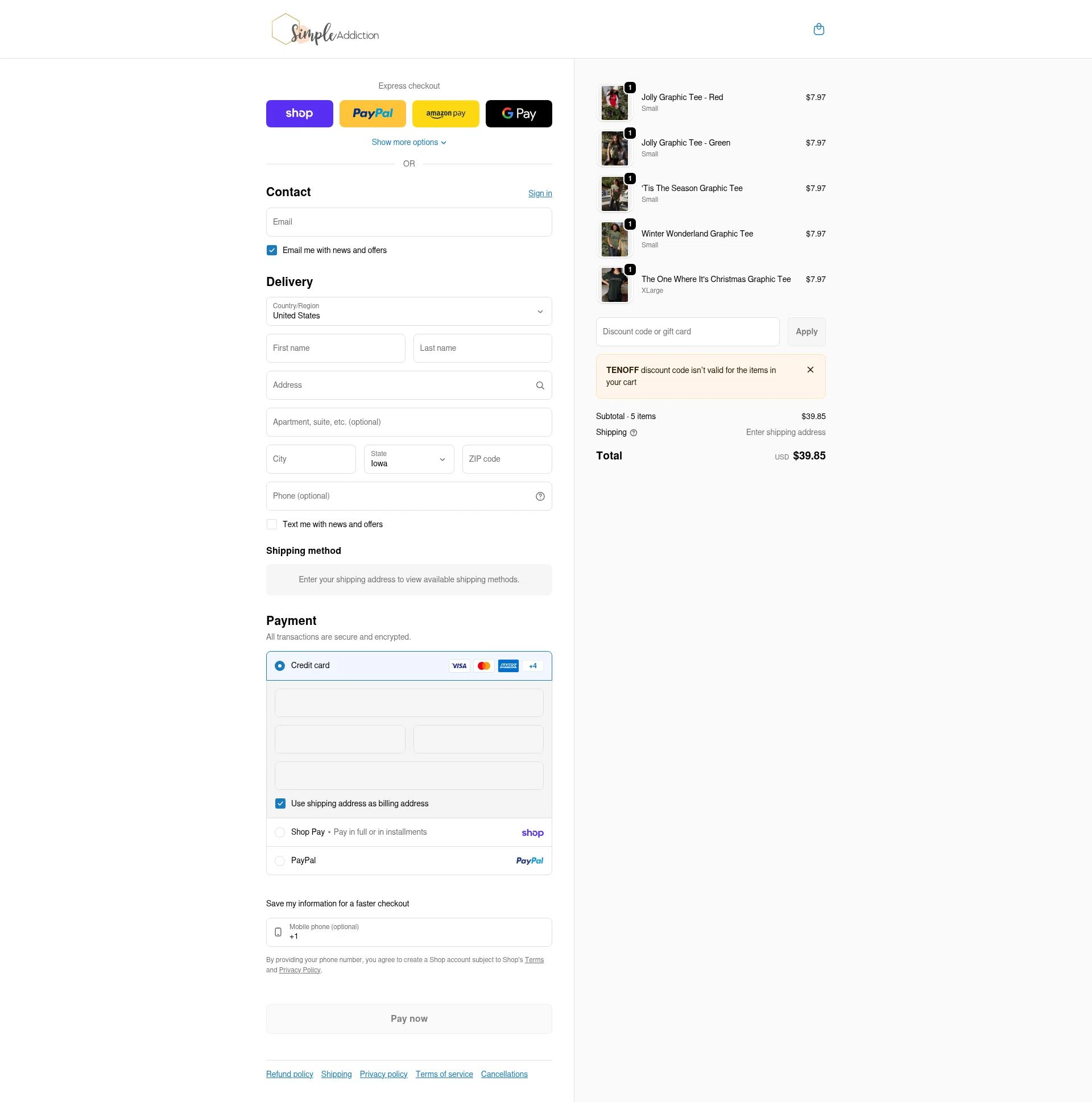 Simple Addiction checkout page showing Simple Addiction coupon code box | Screenshot taken by SimplyCodes community member on Feb 17, 2026