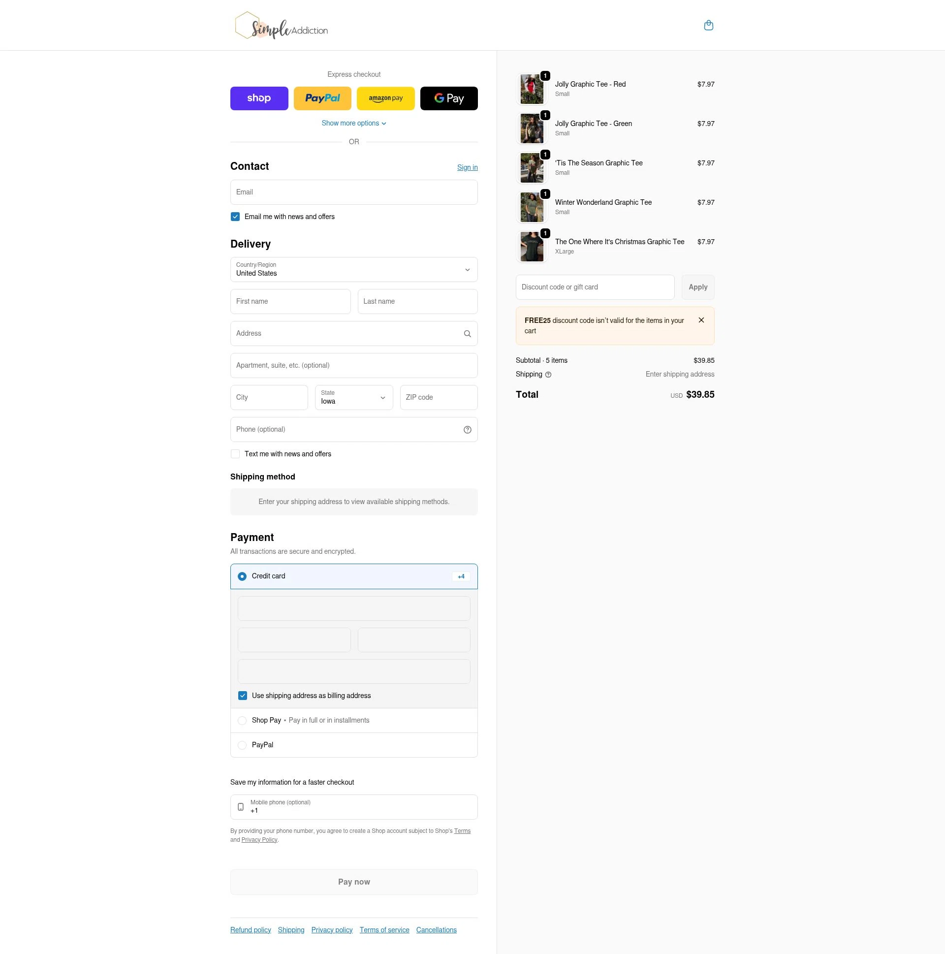 Simple Addiction checkout page showing Simple Addiction coupon code box | Screenshot taken by SimplyCodes community member on Feb 13, 2026