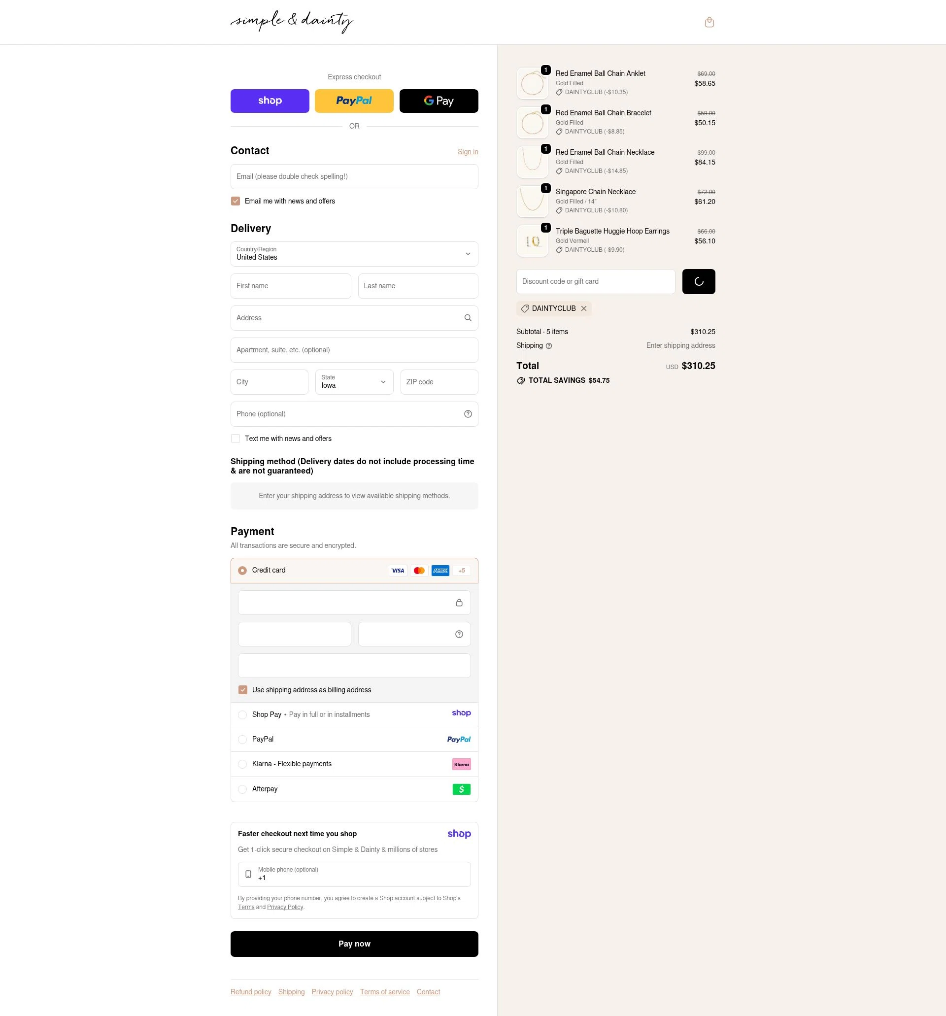 Simple & Dainty checkout page showing Simple & Dainty promo code box | Screenshot taken by SimplyCodes community member on Jan 17, 2026