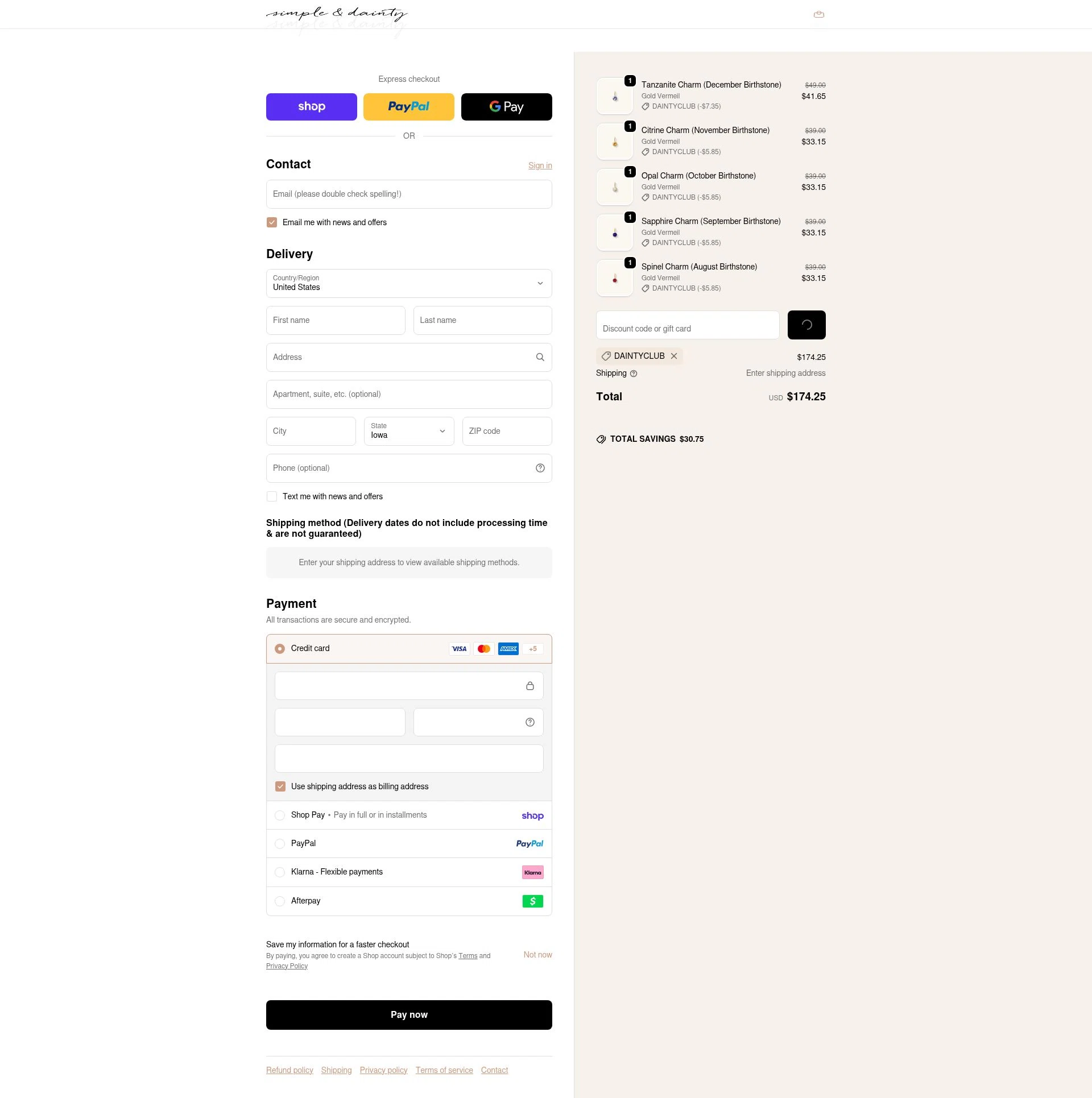 Simple & Dainty checkout page showing Simple & Dainty promo code box | Screenshot taken by SimplyCodes community member on Feb 17, 2026