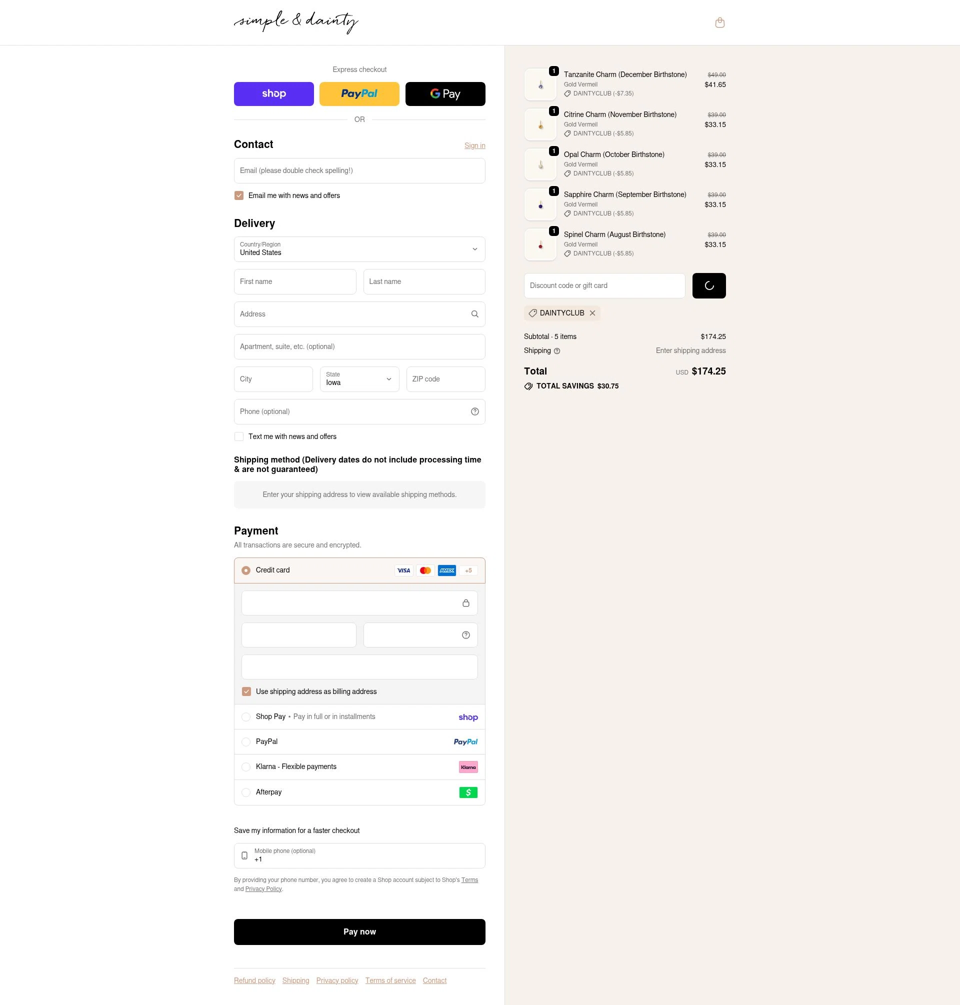 Simple & Dainty checkout page showing Simple & Dainty promo code box | Screenshot taken by SimplyCodes community member on Feb 4, 2026