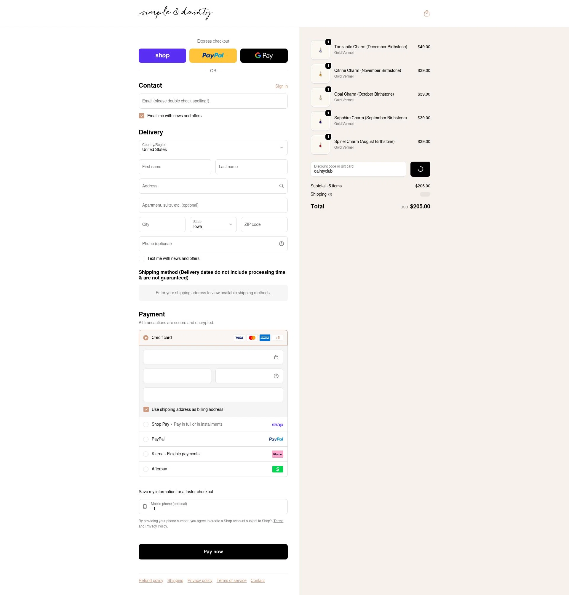 Simple & Dainty checkout page showing Simple & Dainty promo code box | Screenshot taken by SimplyCodes community member on Feb 8, 2026