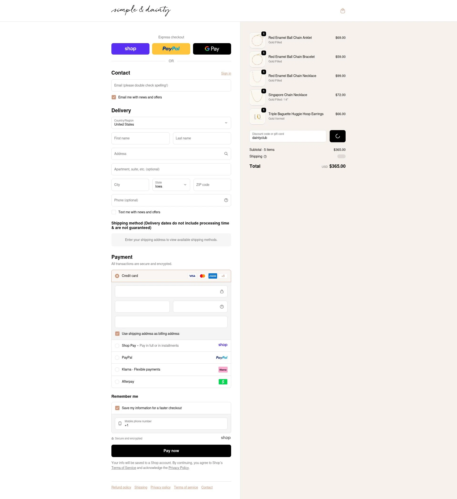 Simple & Dainty checkout page showing Simple & Dainty promo code box | Screenshot taken by SimplyCodes community member on Jan 2, 2026