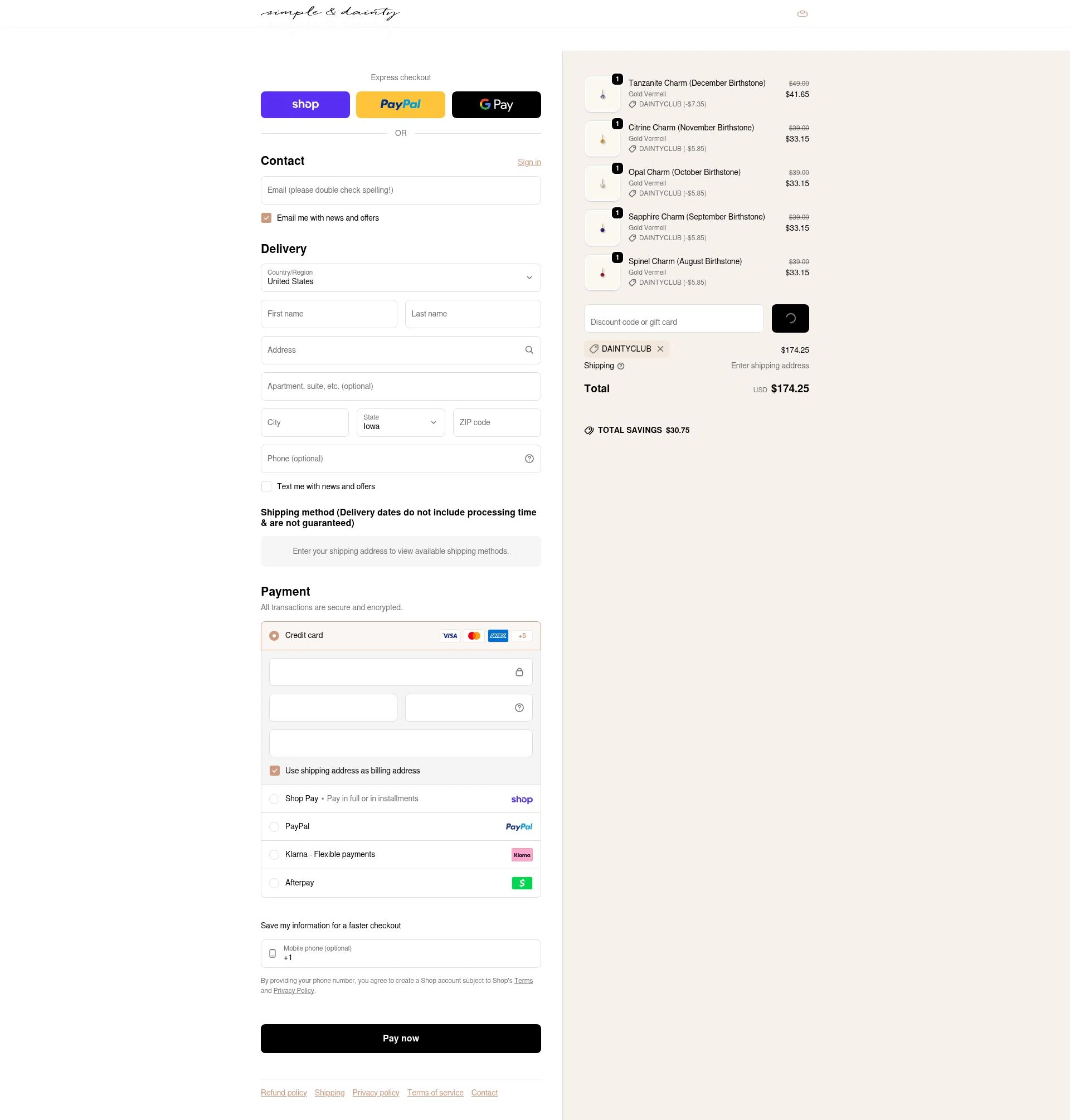 Simple & Dainty checkout page showing Simple & Dainty promo code box | Screenshot taken by SimplyCodes community member on Feb 13, 2026