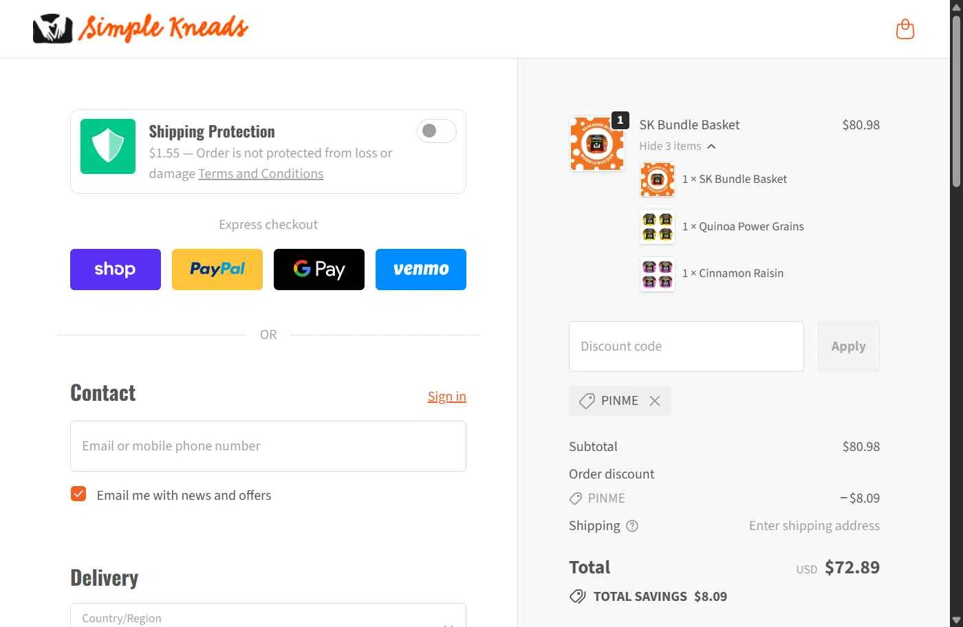 Simple Kneads checkout page showing Simple Kneads coupon code box | Screenshot taken by SimplyCodes community member on Jan 30, 2026