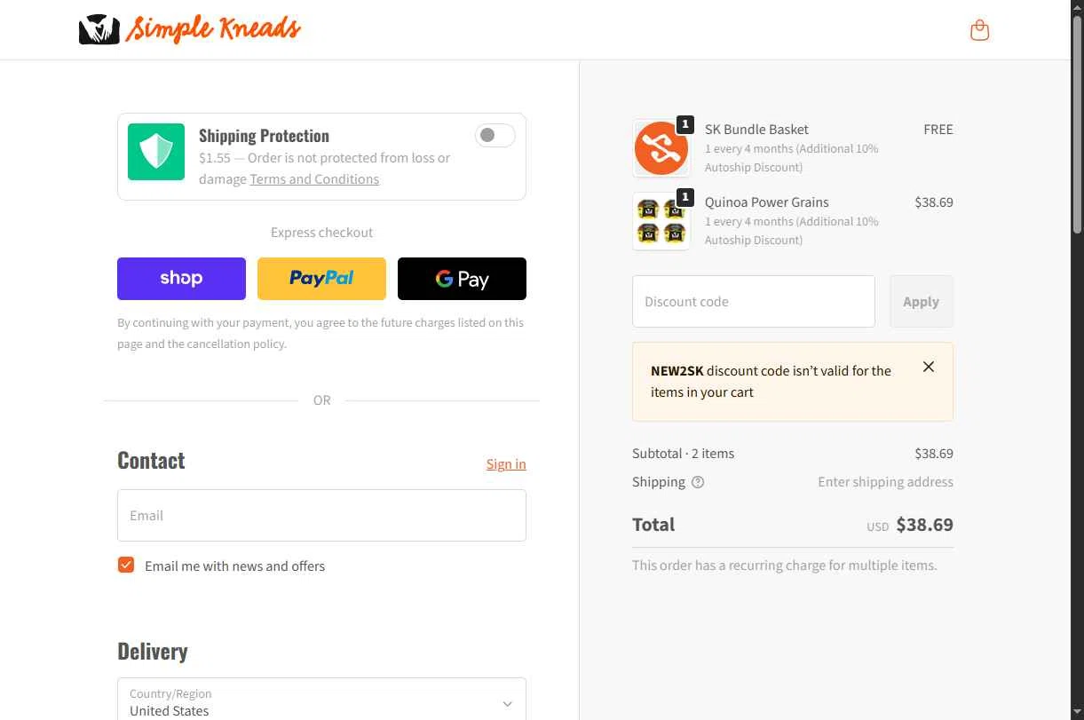 Simple Kneads checkout page showing Simple Kneads coupon code box | Screenshot taken by SimplyCodes community member on Jan 14, 2026