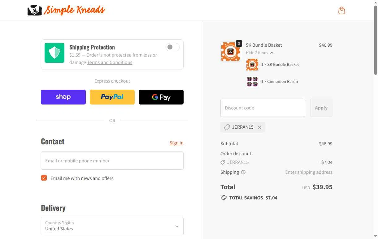 Simple Kneads checkout page showing Simple Kneads coupon code box | Screenshot taken by SimplyCodes community member on Jan 30, 2026