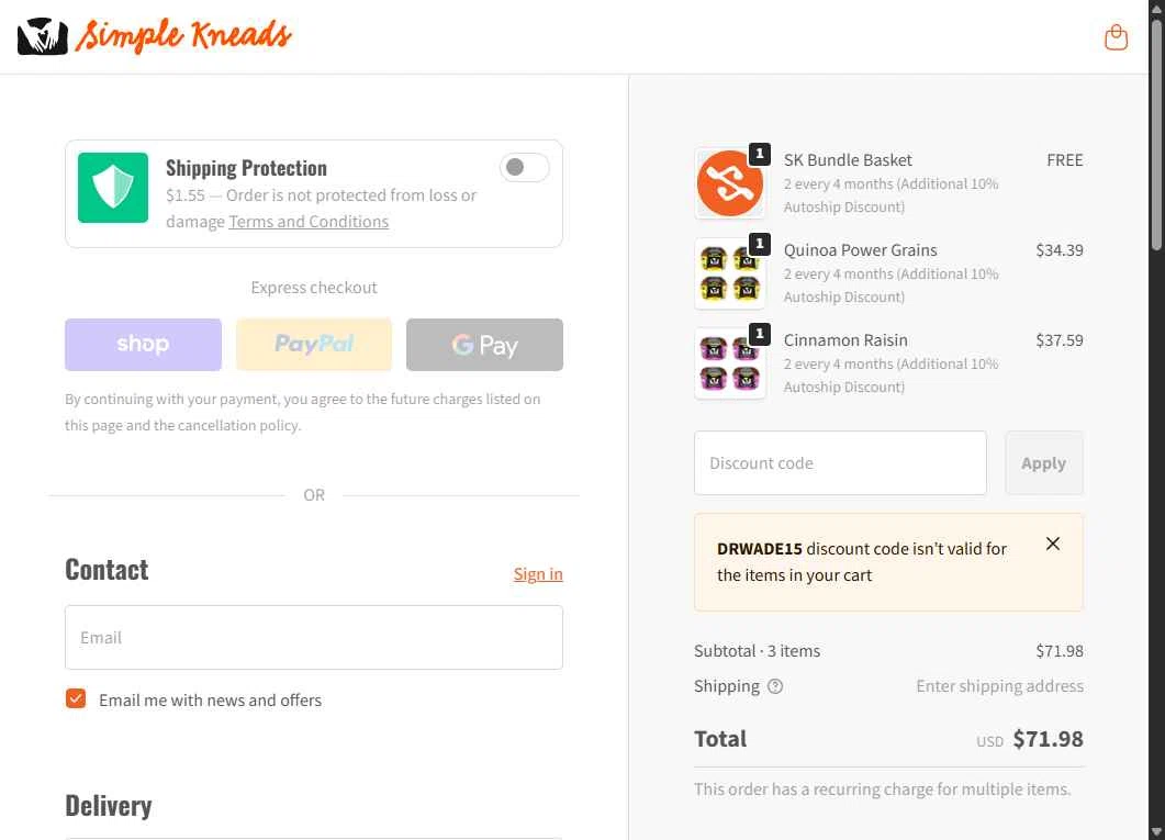 Simple Kneads checkout page showing Simple Kneads coupon code box | Screenshot taken by SimplyCodes community member on Jan 14, 2026