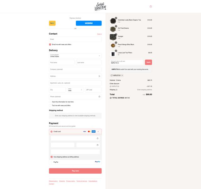 Simple Loose Leaf checkout page showing Simple Loose Leaf discount code box | Screenshot taken by SimplyCodes community member on Sep 10, 2025