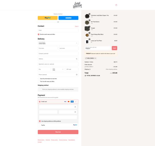 Simple Loose Leaf checkout page showing Simple Loose Leaf discount code box | Screenshot taken by SimplyCodes community member on Sep 10, 2025