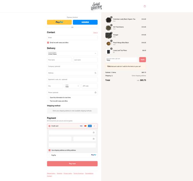 Simple Loose Leaf checkout page showing Simple Loose Leaf discount code box | Screenshot taken by SimplyCodes community member on Sep 10, 2025