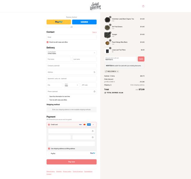 Simple Loose Leaf checkout page showing Simple Loose Leaf discount code box | Screenshot taken by SimplyCodes community member on Sep 10, 2025