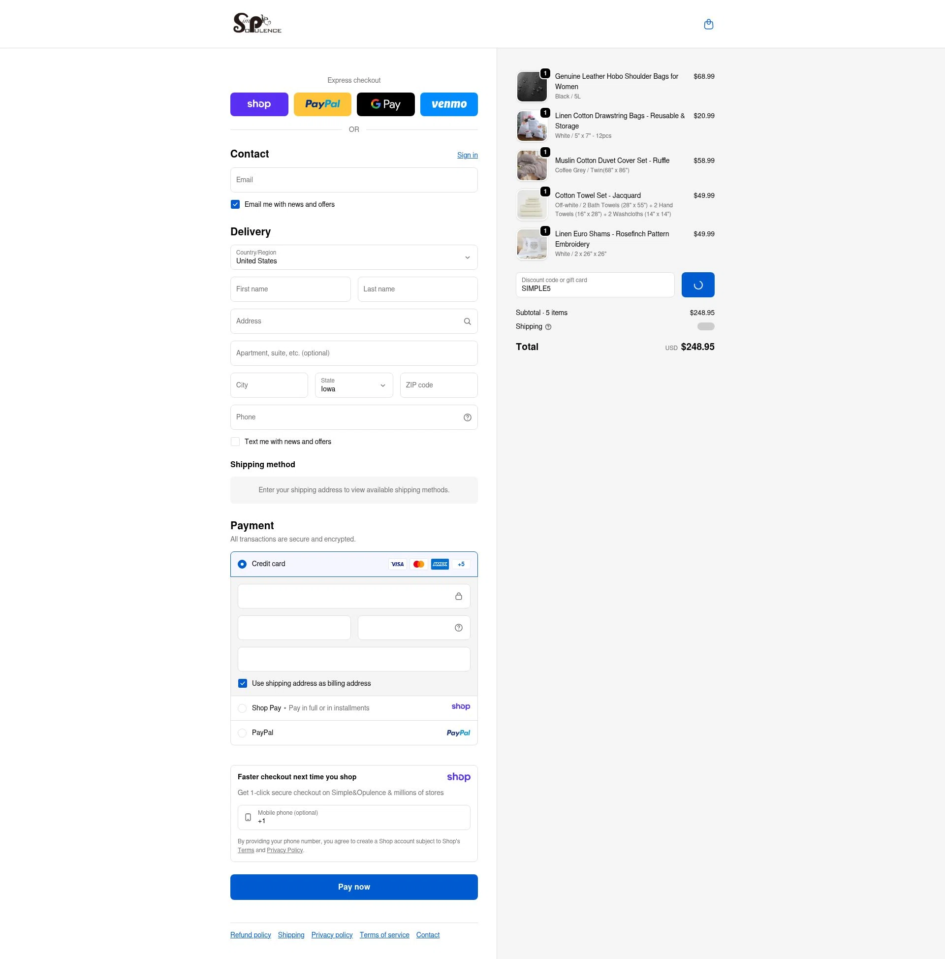 Simple&Opulence checkout page showing Simple&Opulence promo code box | Screenshot taken by SimplyCodes community member on Jan 8, 2026
