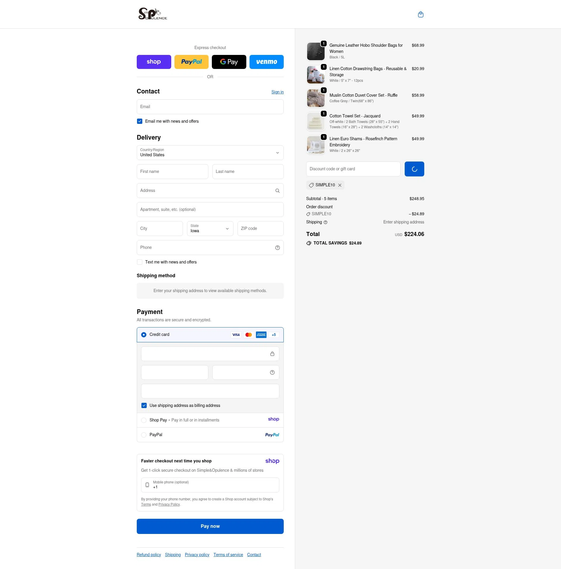Simple&Opulence checkout page showing Simple&Opulence promo code box | Screenshot taken by SimplyCodes community member on Jan 8, 2026