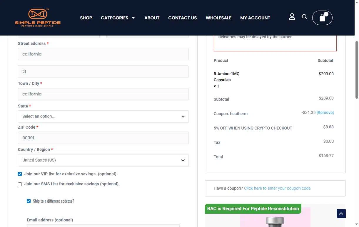 Simple Peptide checkout page showing Simple Peptide coupon code box | Screenshot taken by SimplyCodes community member on Dec 23, 2025