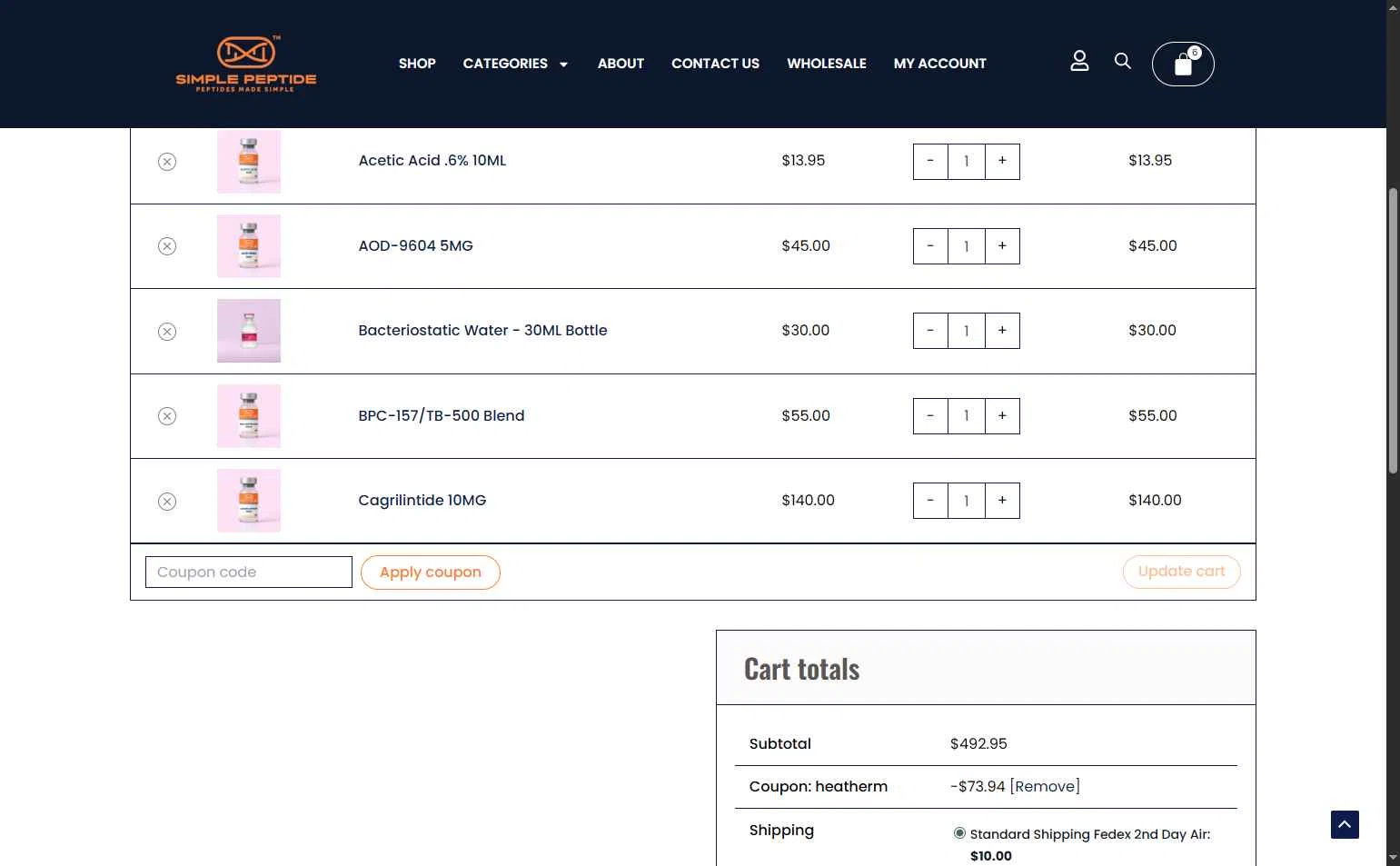 Simple Peptide checkout page showing Simple Peptide coupon code box | Screenshot taken by SimplyCodes community member on Feb 2, 2026