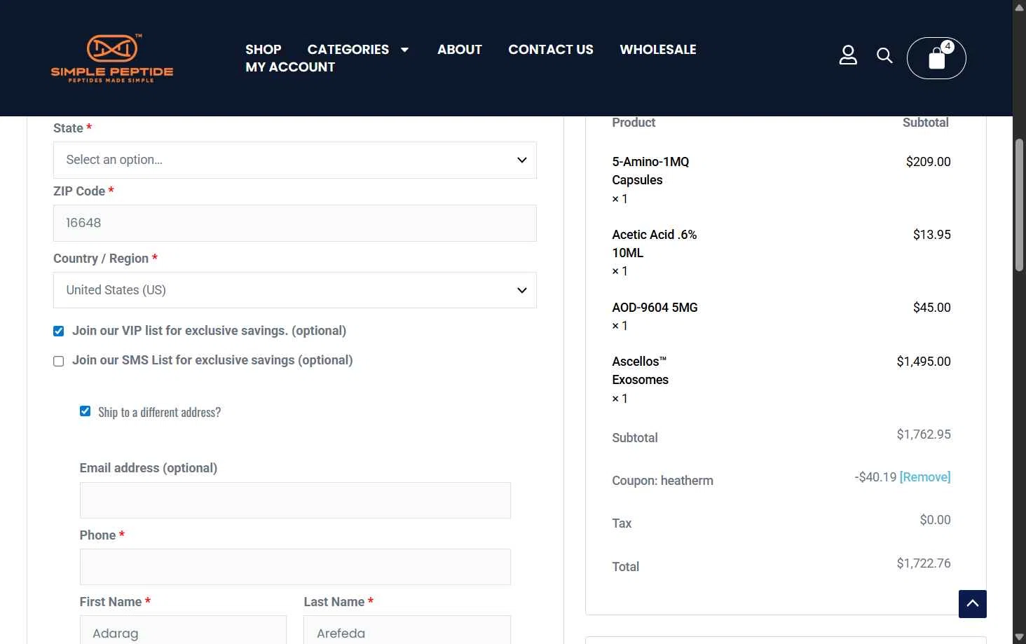 Simple Peptide checkout page showing Simple Peptide coupon code box | Screenshot taken by SimplyCodes community member on Jan 8, 2026