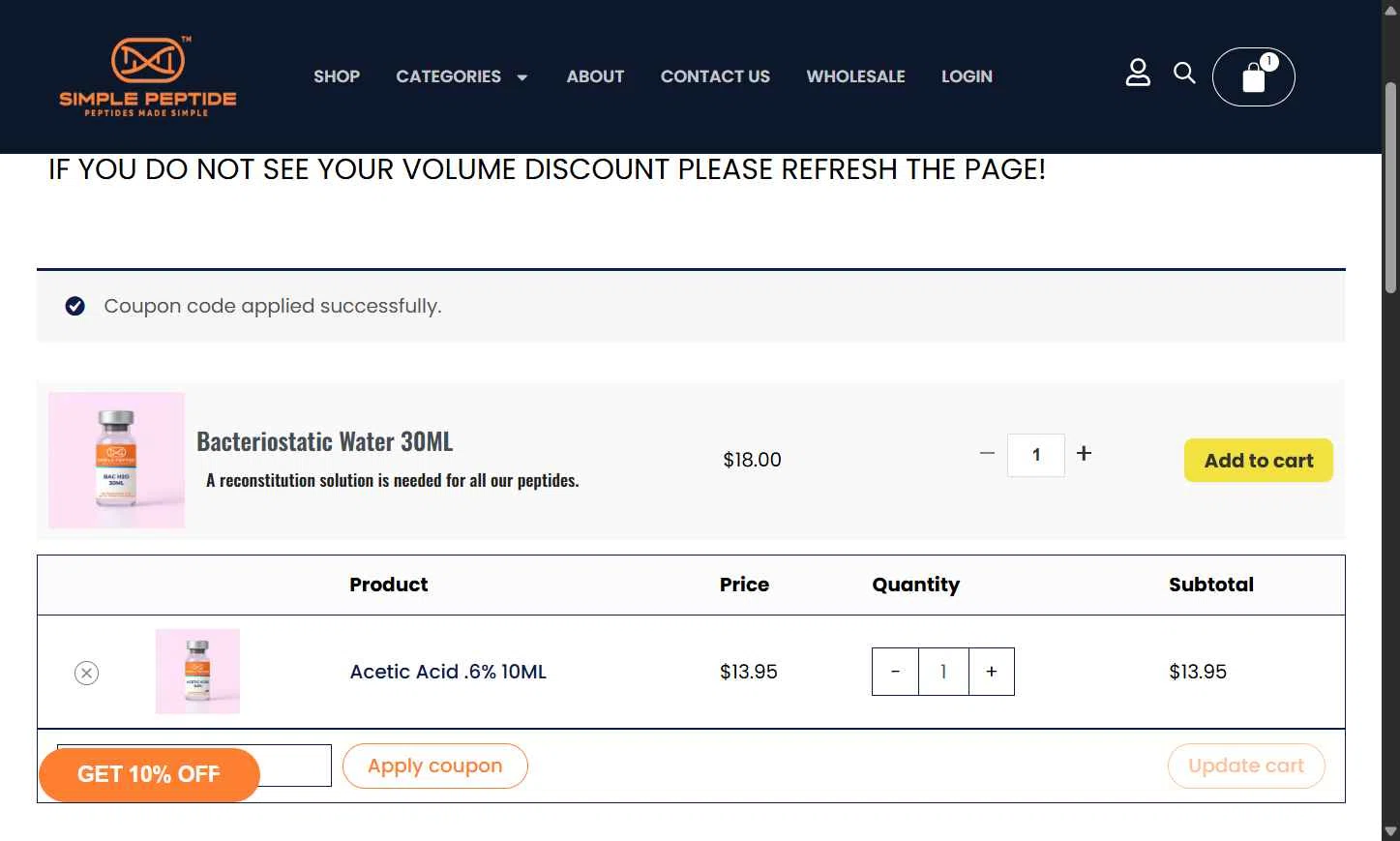 Simple Peptide checkout page showing Simple Peptide coupon code box | Screenshot taken by SimplyCodes community member on Dec 6, 2025