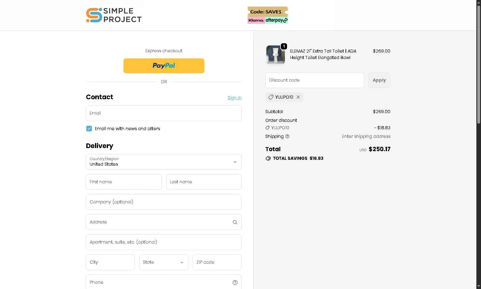 Simple Project checkout page showing Simple Project promo code box | Screenshot taken by SimplyCodes community member on Jan 10, 2026