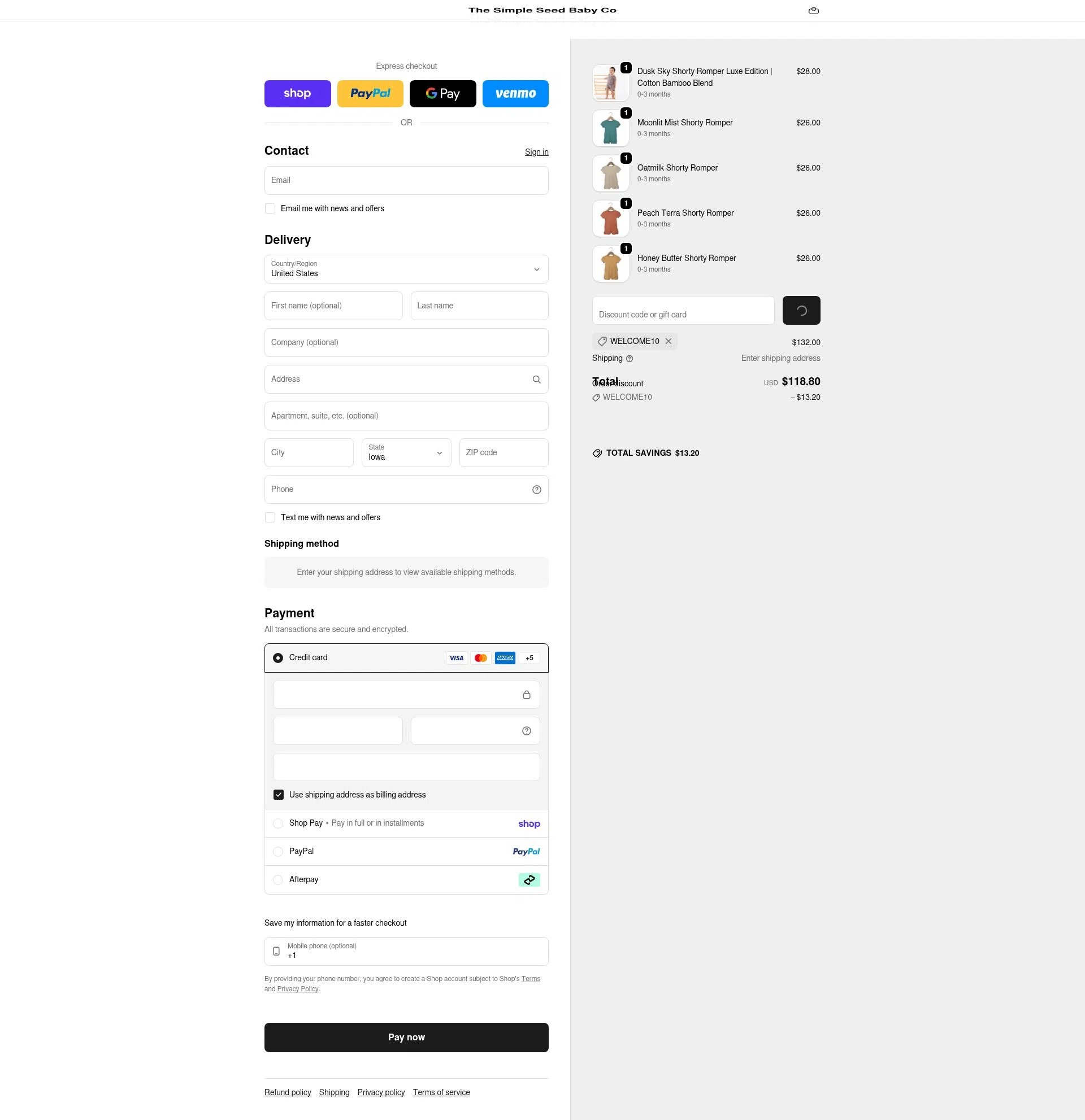 Simple Seed Baby checkout page showing Simple Seed Baby discount code box | Screenshot taken by SimplyCodes community member on Feb 13, 2026