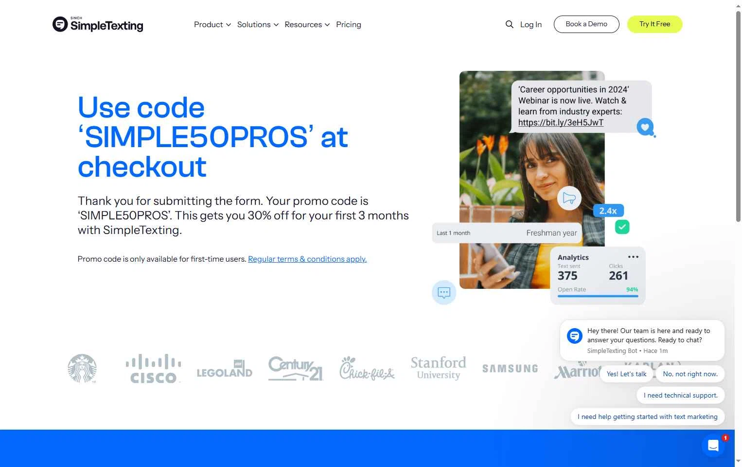 SimpleTexting checkout page showing SimpleTexting promo code box | Screenshot taken by SimplyCodes community member on Oct 8, 2025