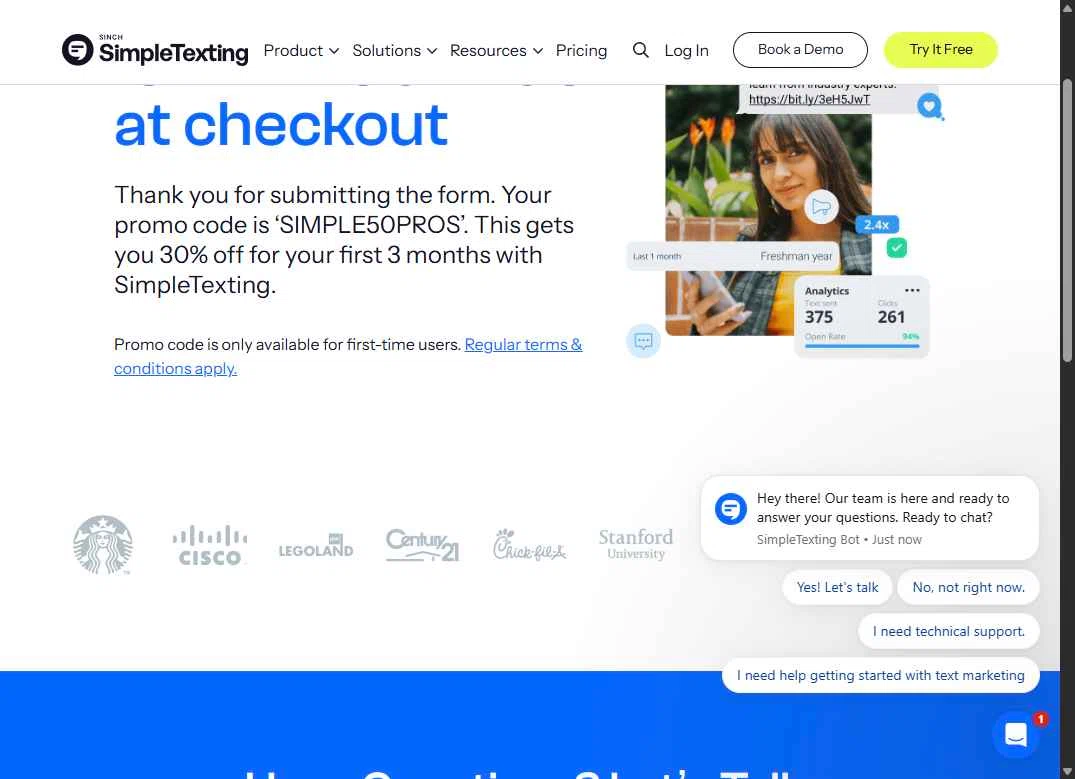 SimpleTexting checkout page showing SimpleTexting promo code box | Screenshot taken by SimplyCodes community member on Sep 11, 2025