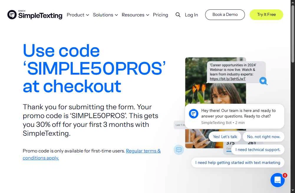 SimpleTexting checkout page showing SimpleTexting promo code box | Screenshot taken by SimplyCodes community member on Jan 19, 2026