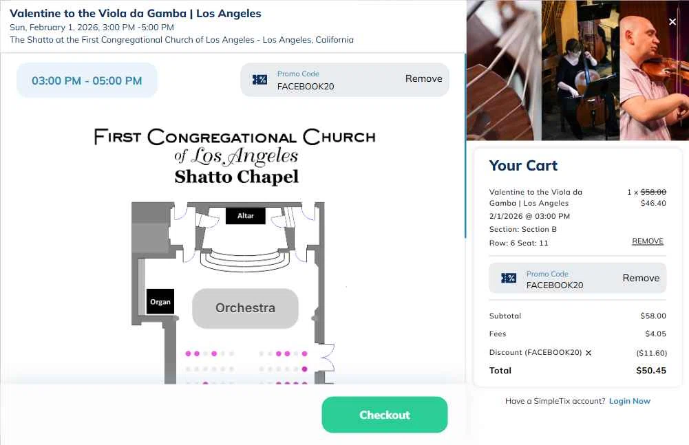 SimpleTix checkout page showing SimpleTix promo code box | Screenshot taken by SimplyCodes community member on Jan 20, 2026