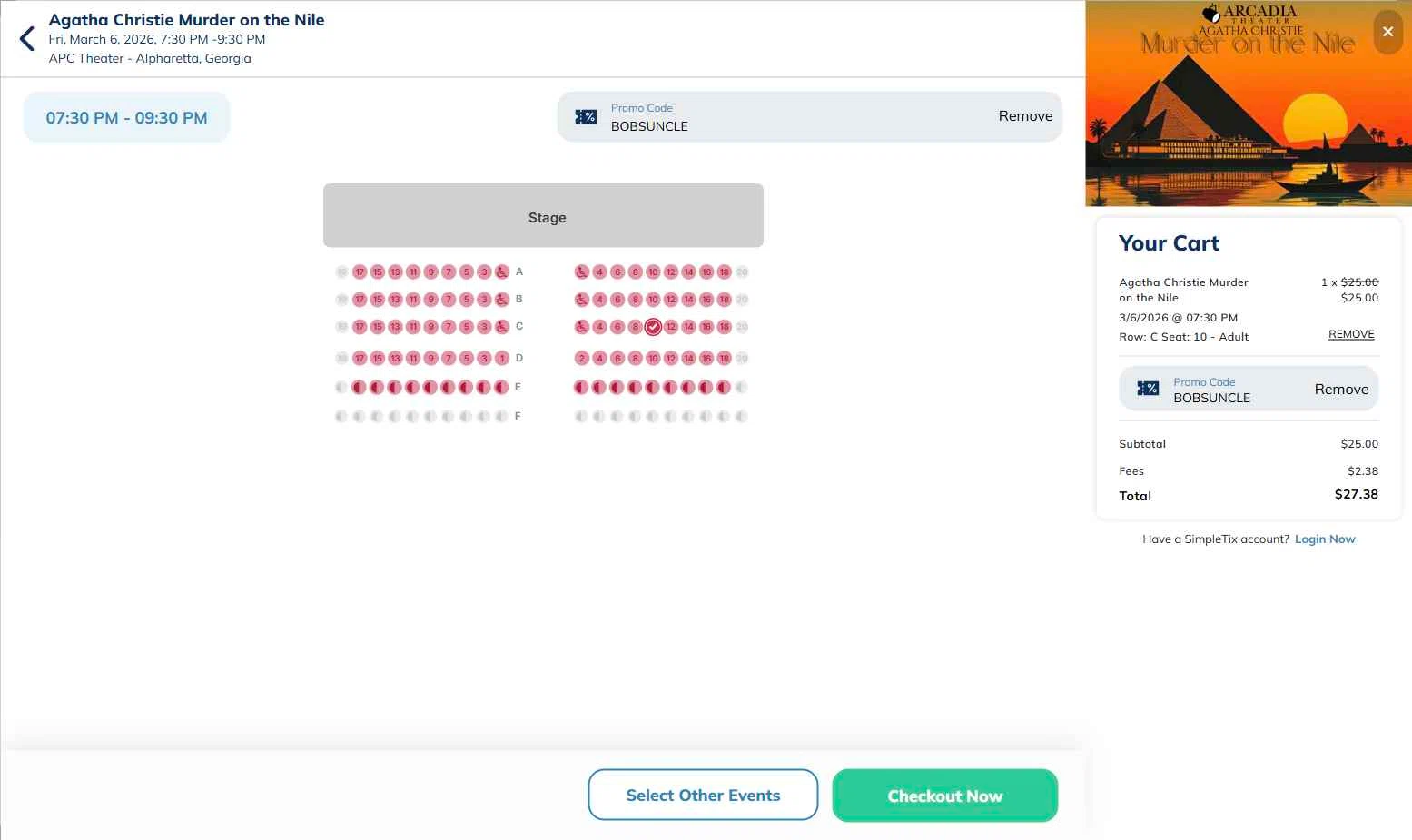 SimpleTix checkout page showing SimpleTix promo code box | Screenshot taken by SimplyCodes community member on Nov 13, 2025
