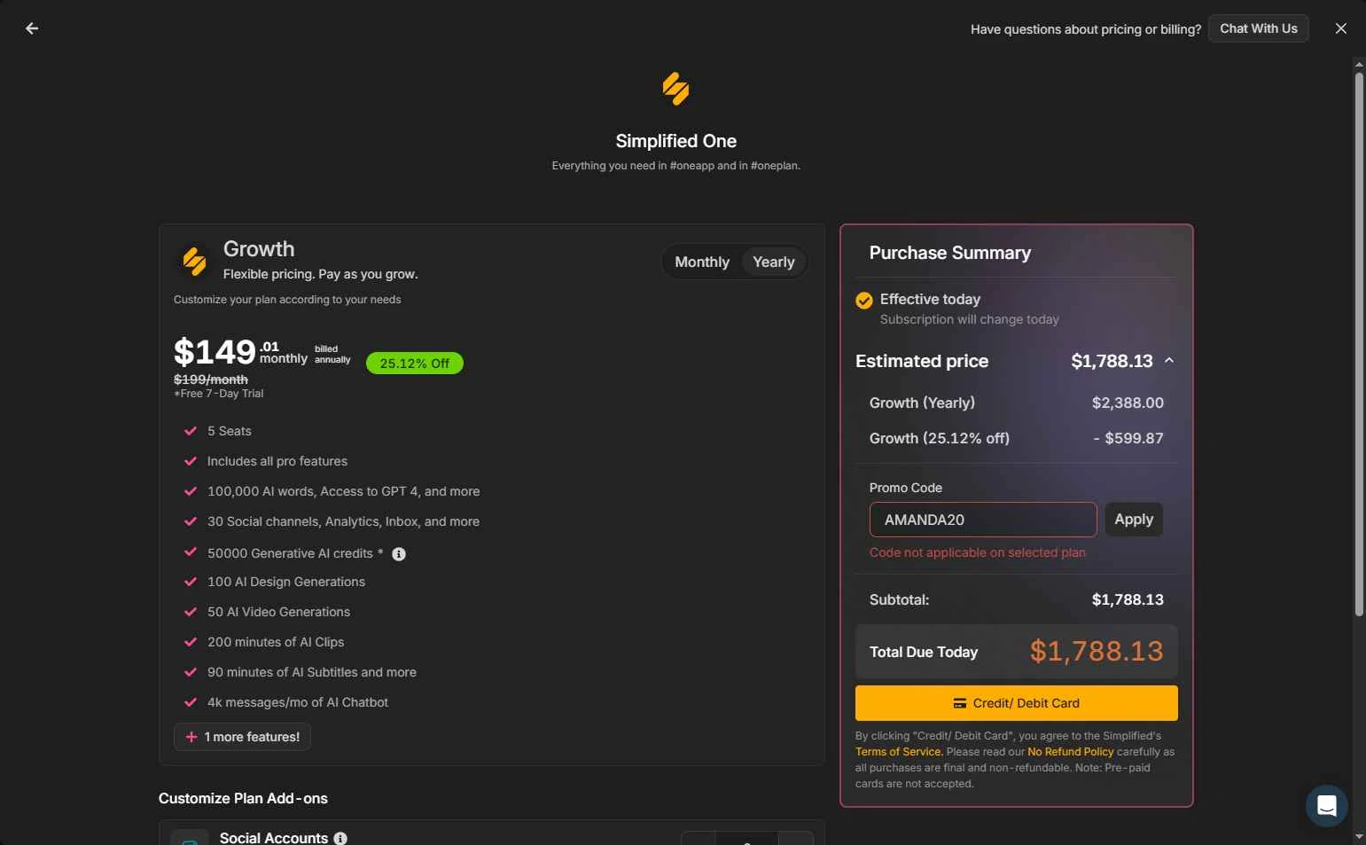 Simplified checkout page showing Simplified coupon code box | Screenshot taken by SimplyCodes community member on Feb 8, 2026