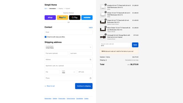 Simpli Home checkout page showing Simpli Home coupon code box | Screenshot taken by SimplyCodes community member on Sep 4, 2025